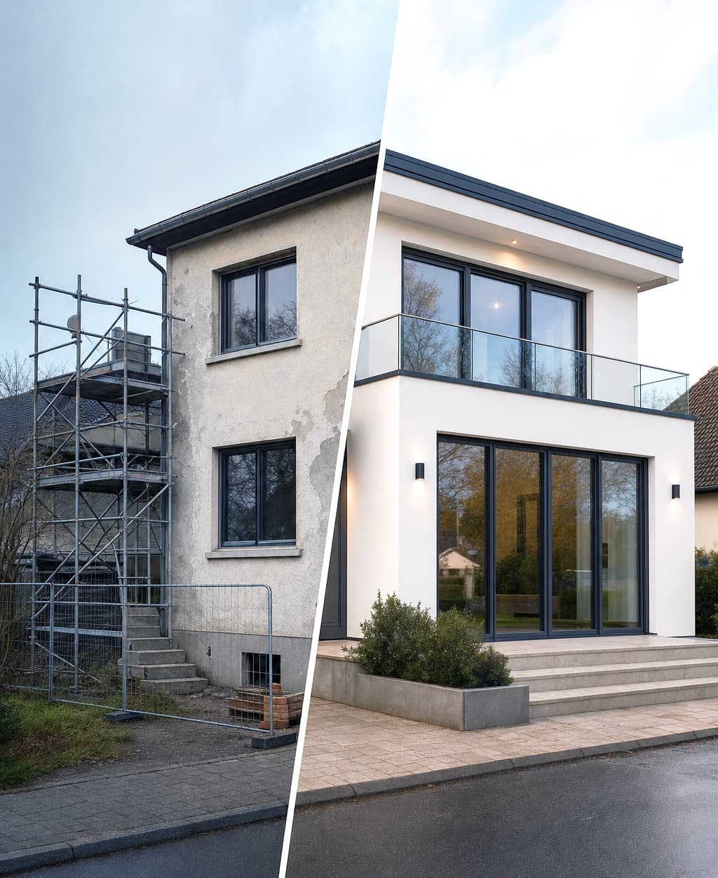 Saniertes Bestandshaus links, Stahlbau-Neubau rechts.